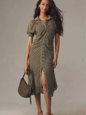 Anthropologie Puff Sleeve Ruched Midi Dress